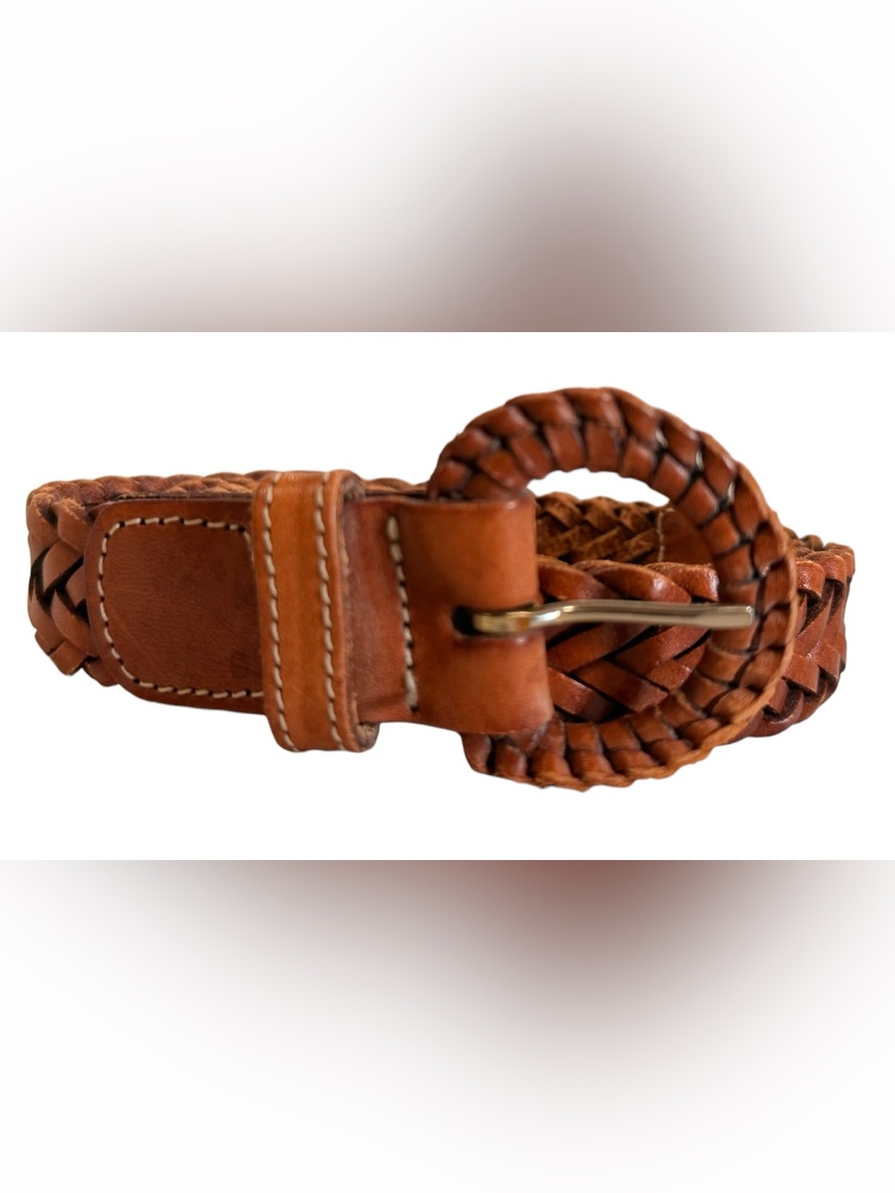 Vintage Eddie Bauer Brown Braided Leather Belt Woven Round Buckle Made in USA L